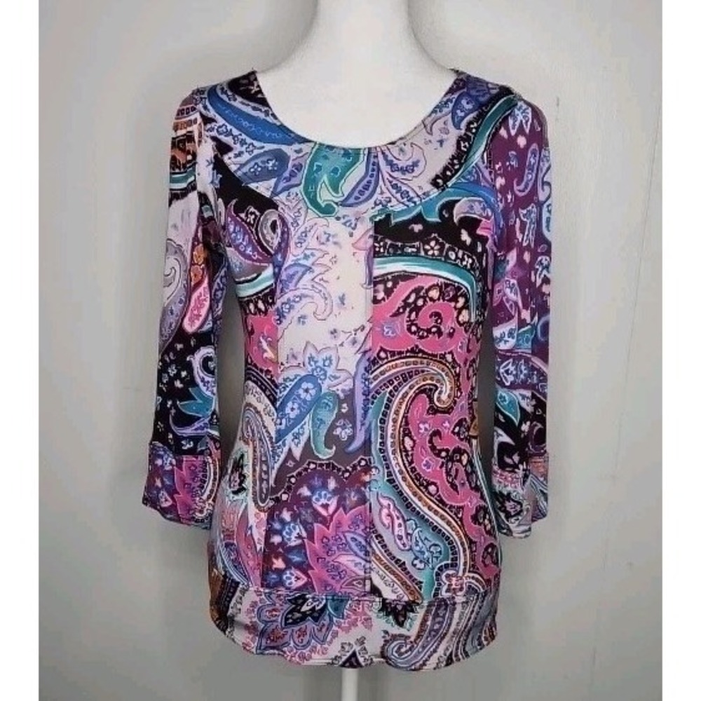 Etro Paisley Print Top Size 40 Purple Pink Blue 3/4 Sleeve Italy Y2K